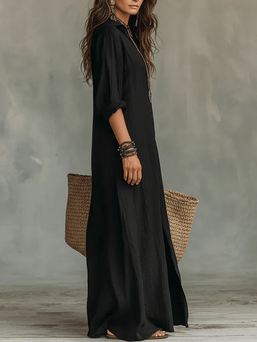 Whitney - Vestido Maxi Camisero con Abertura y Collar