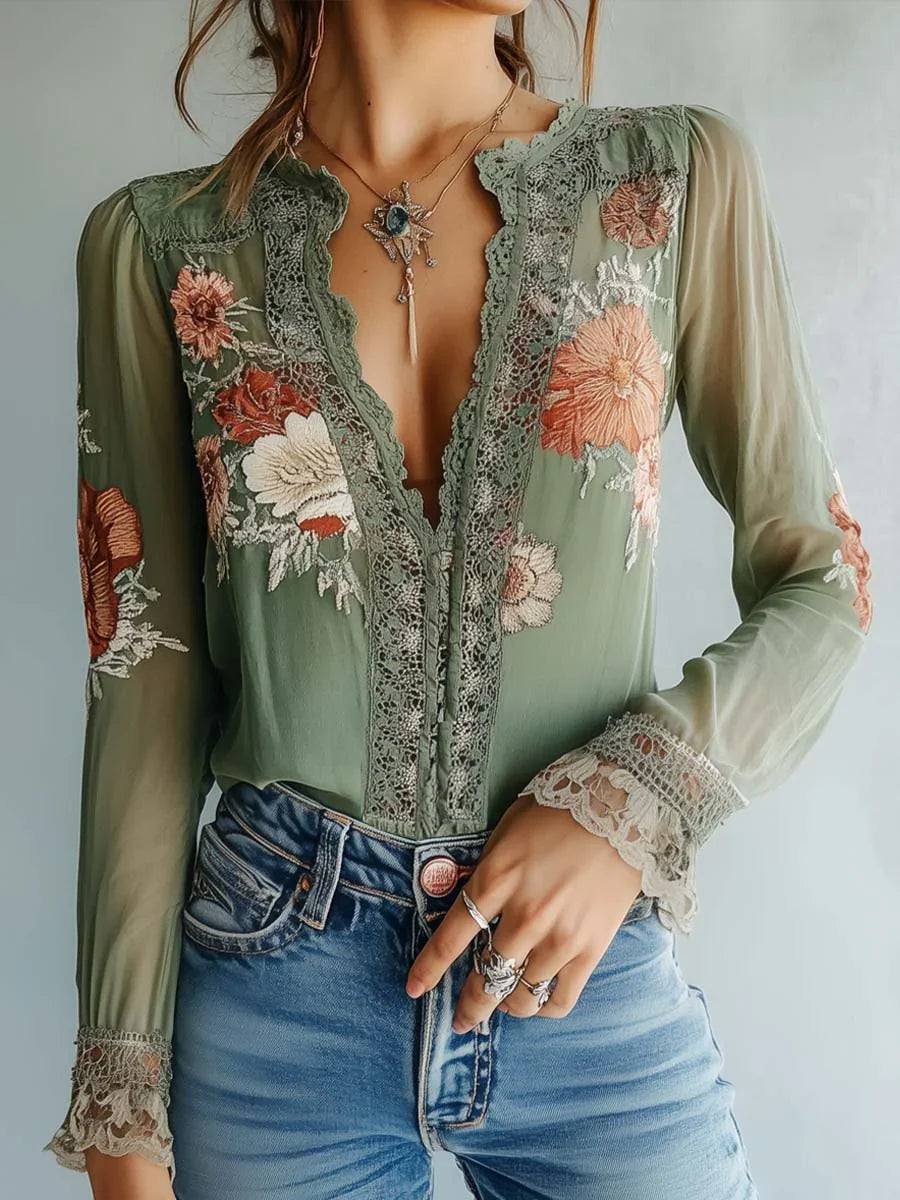 Flora - Blouse Bohème Chic Fleurie Vert Sauge