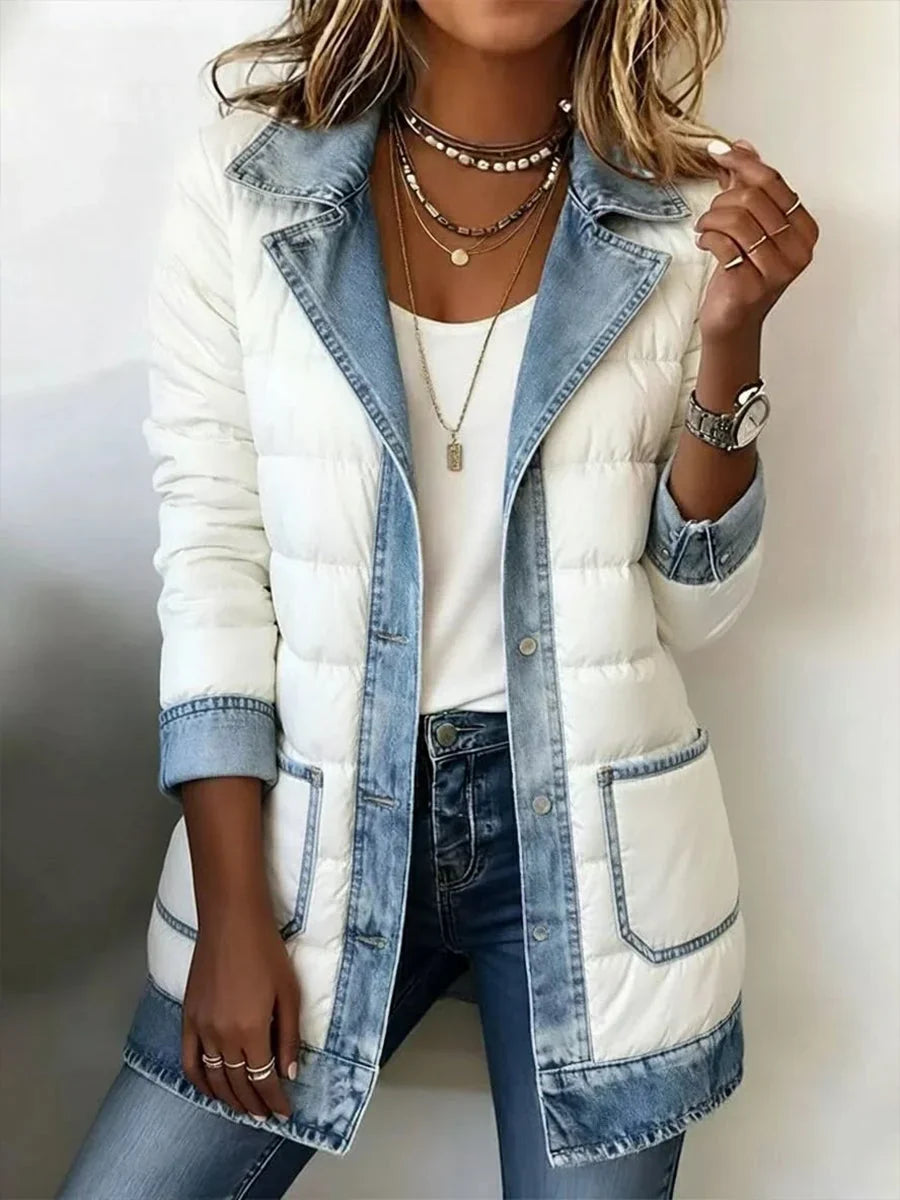Hana - Denim Detallı Ağ Rəngli Aşağı Doldurulmuş Palto