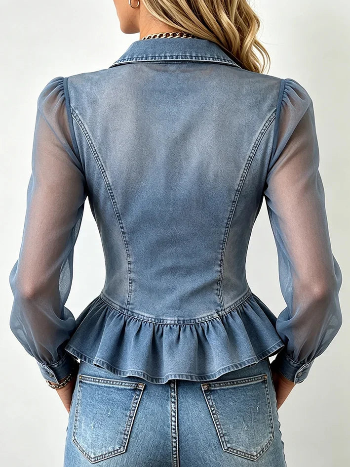 Emie - Blusa de Denim Sofisticada con Cremallera y Mangas Veladas