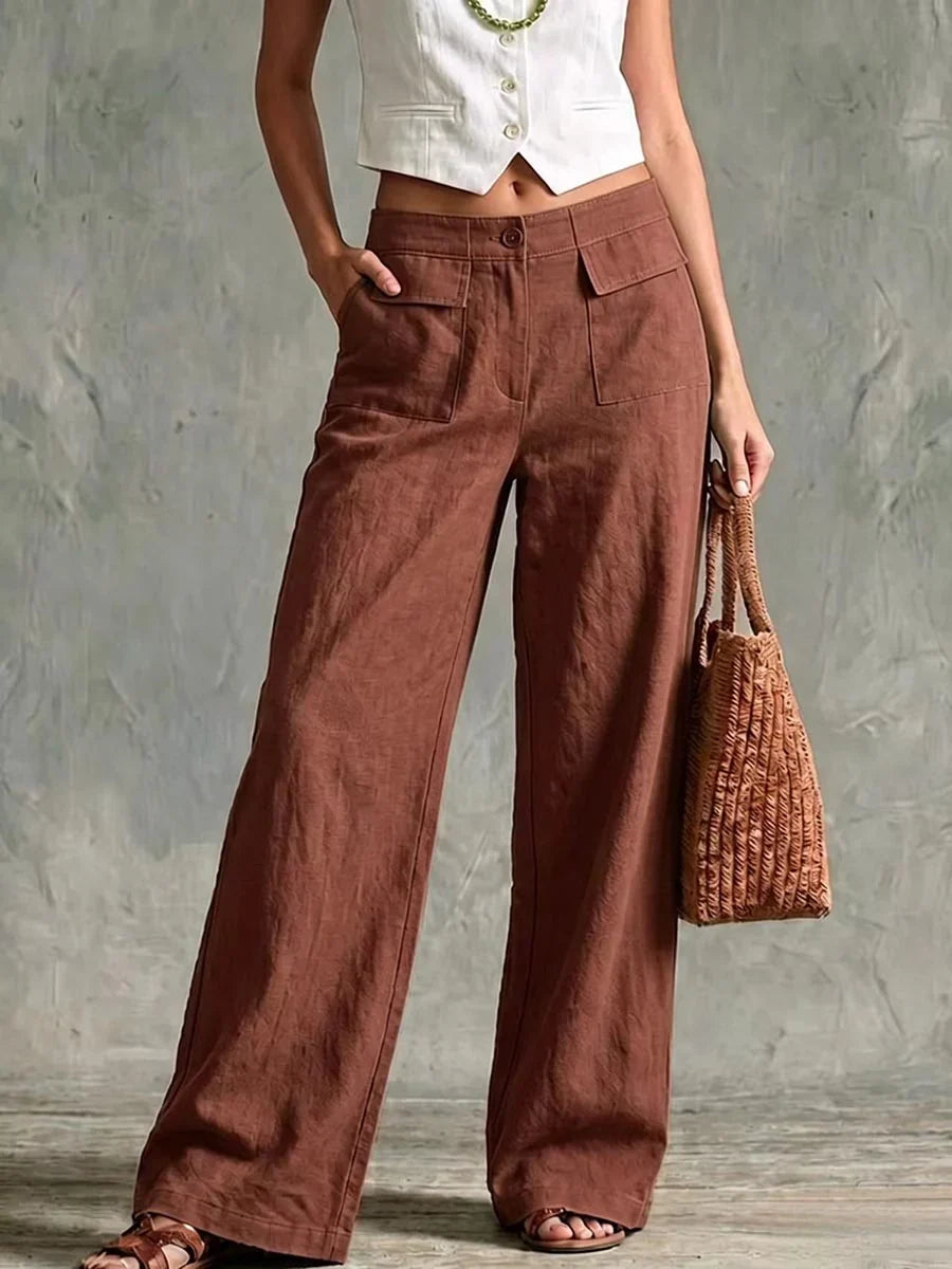 Liya - Pantalón Recto Retro de Lino Cómodo