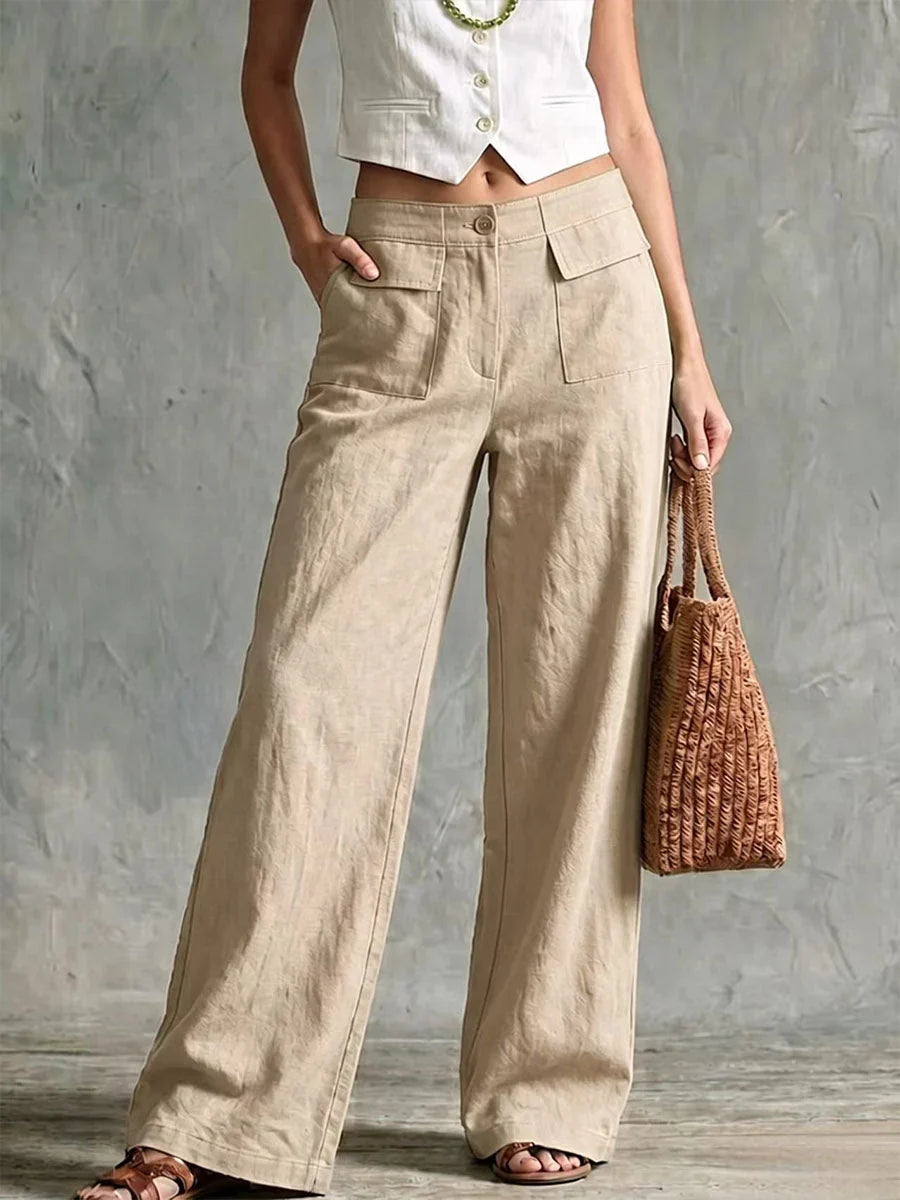 Liya - Pantalón Recto Retro de Lino Cómodo