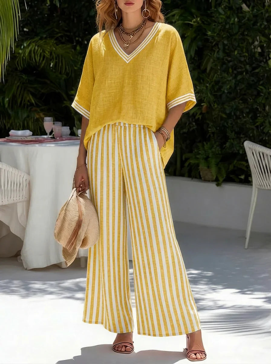 Malya - Casual 2pcs Striped Cotton & Linen Set