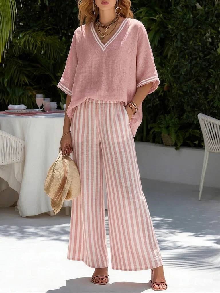 Malya - Casual 2pcs Striped Cotton & Linen Set