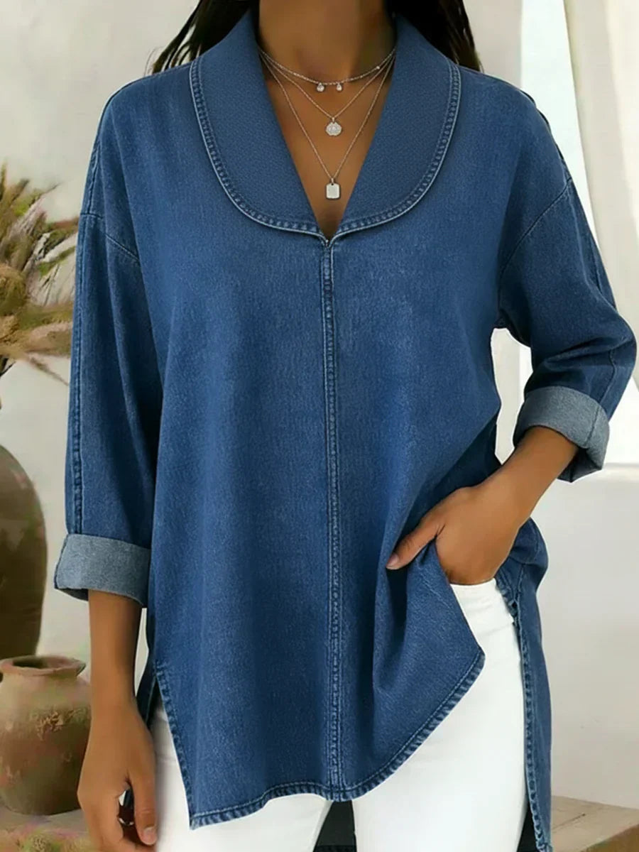Viviane - Longue Blouse en Denim Col Châle