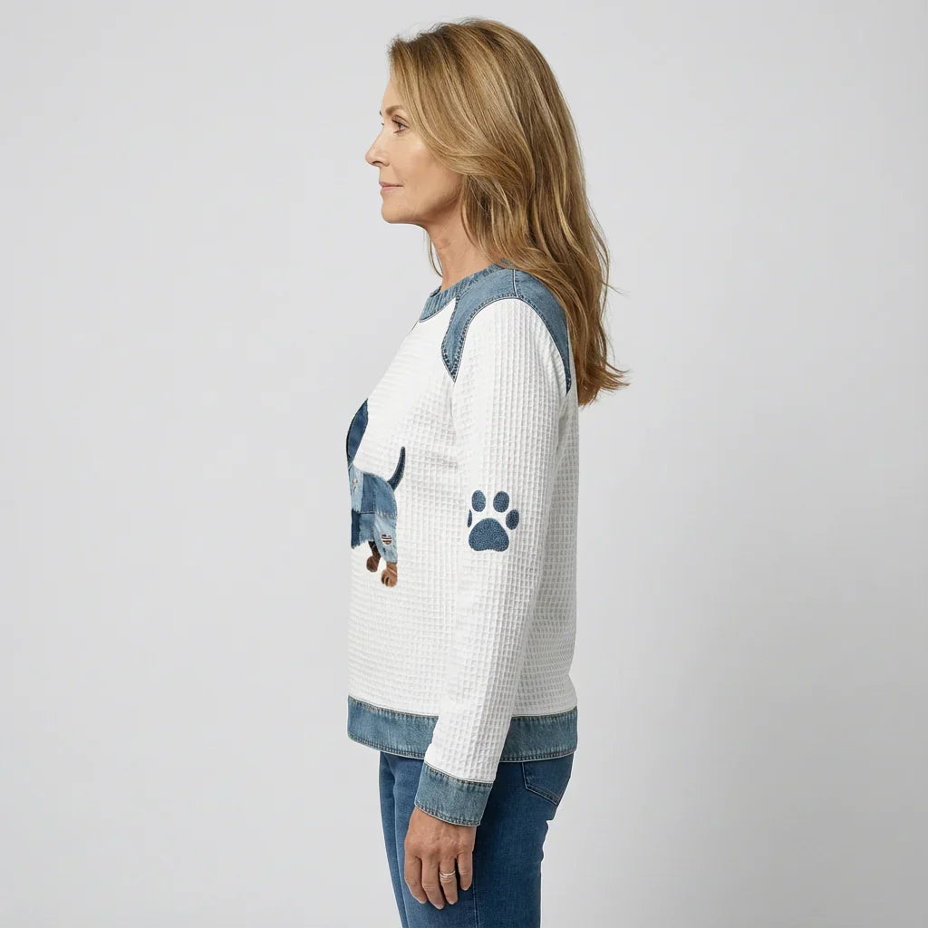 Myla - Pull Coton Teckel en Patchwork Détails en Denim