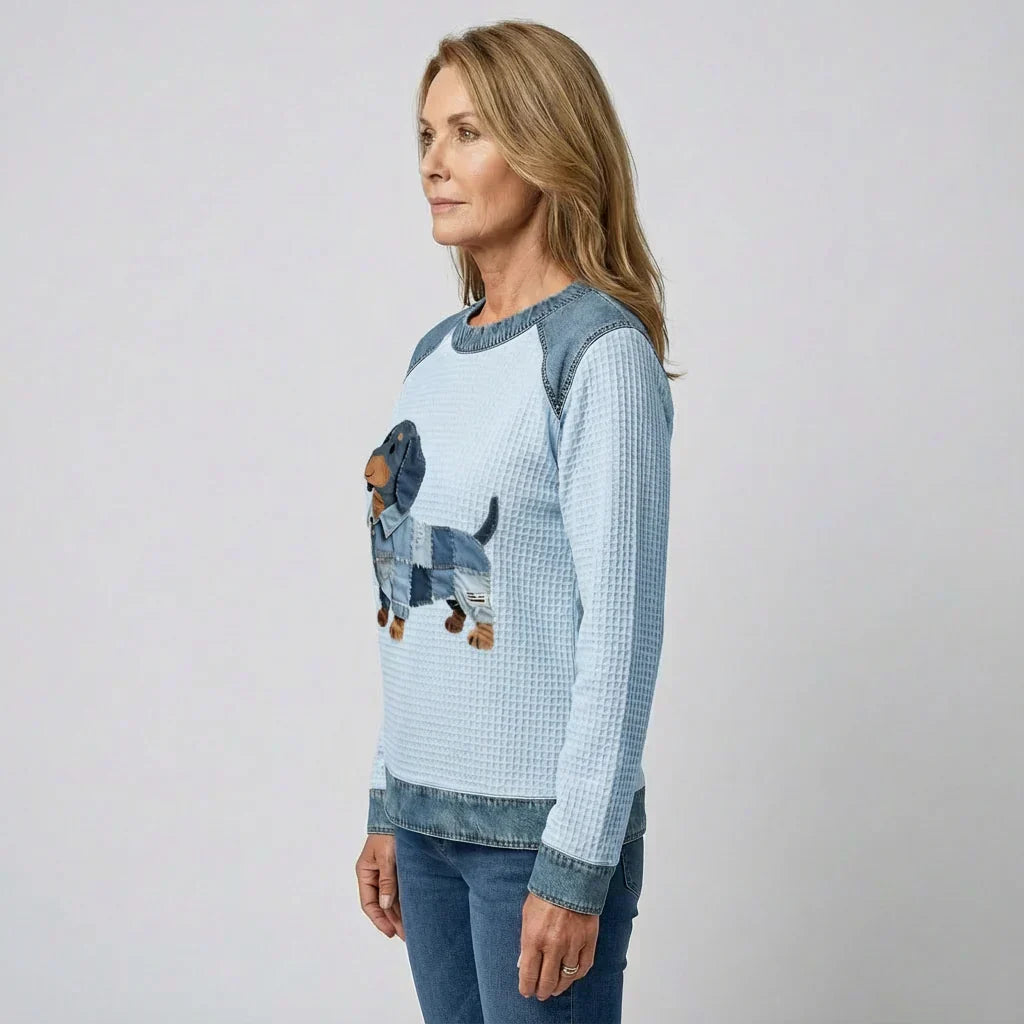 Myla - Pull Coton Teckel en Patchwork Détails en Denim