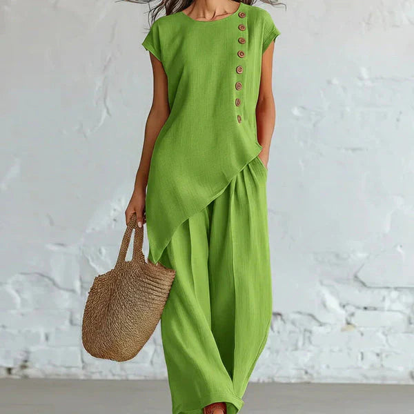 Synda - Blusa Asimétrica y Pantalón Casual Chic Lino y Algodón