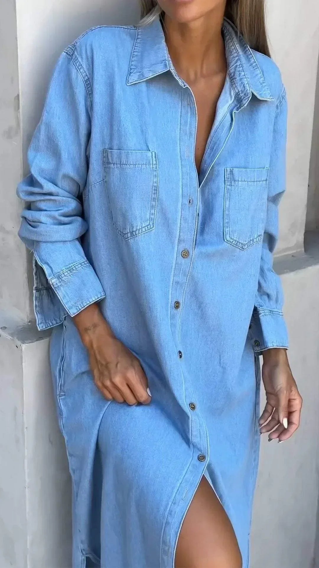 Shanon - Lang Denim Skjortekjole med Knapper