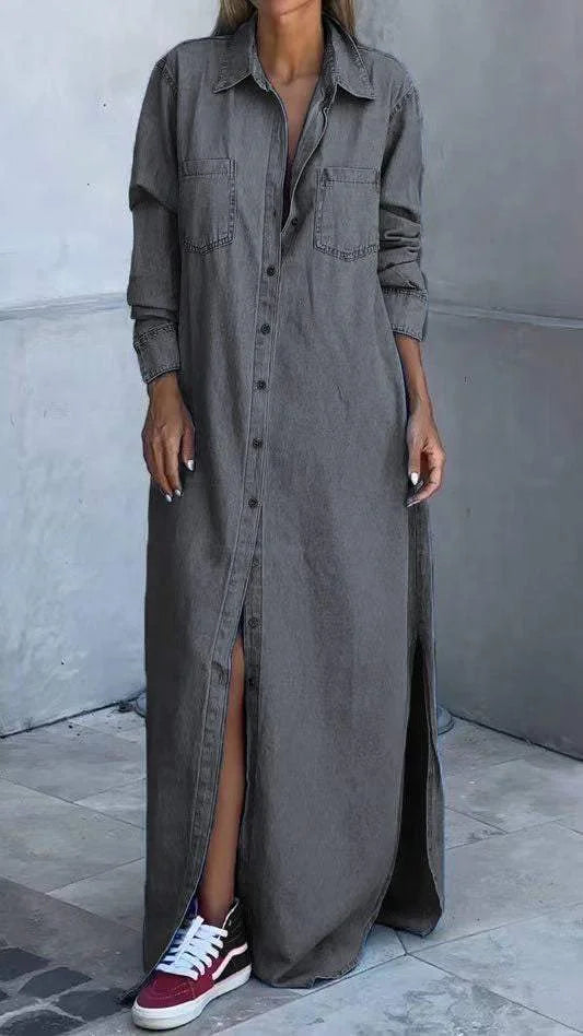 Shanon - Lang Denim Skjortekjole med Knapper