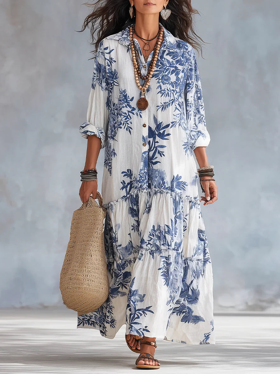 Herina - Vestido Camisero de Algodón y Lino con Hojas y Volantes