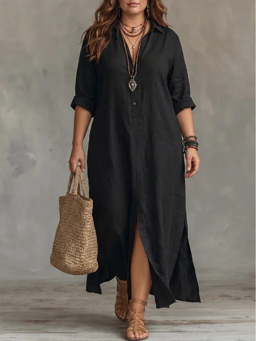 Whitney - Vestido Maxi Camisero con Abertura y Collar