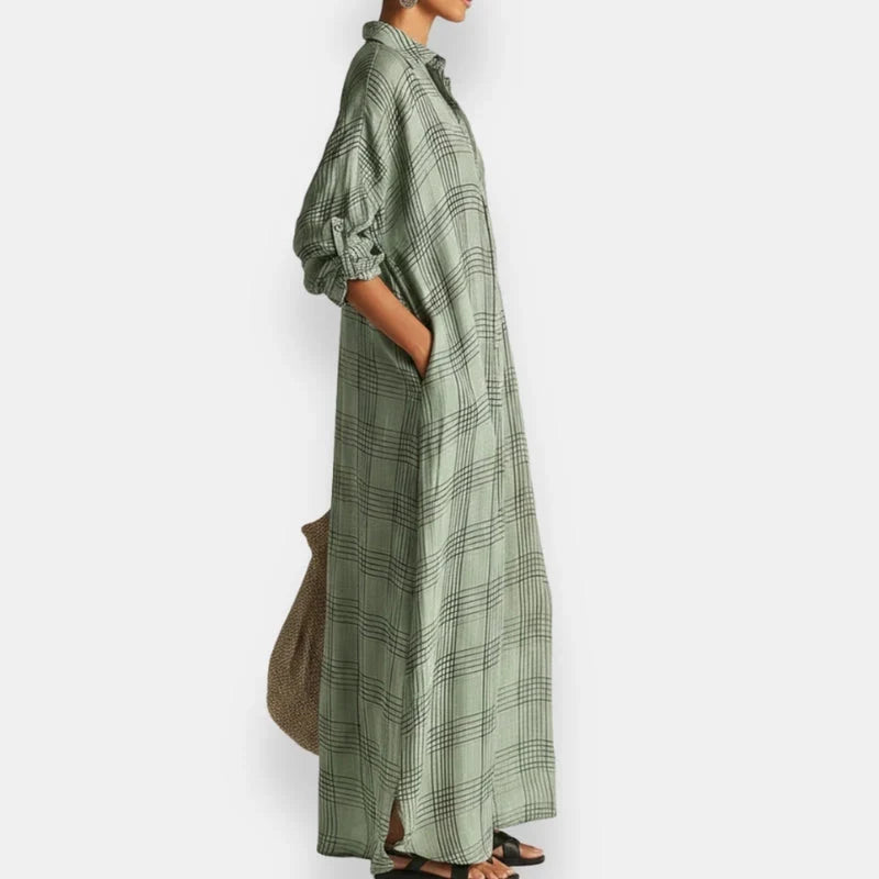 Naima - Vestido Maxi Camisero Oversize de Cuadros