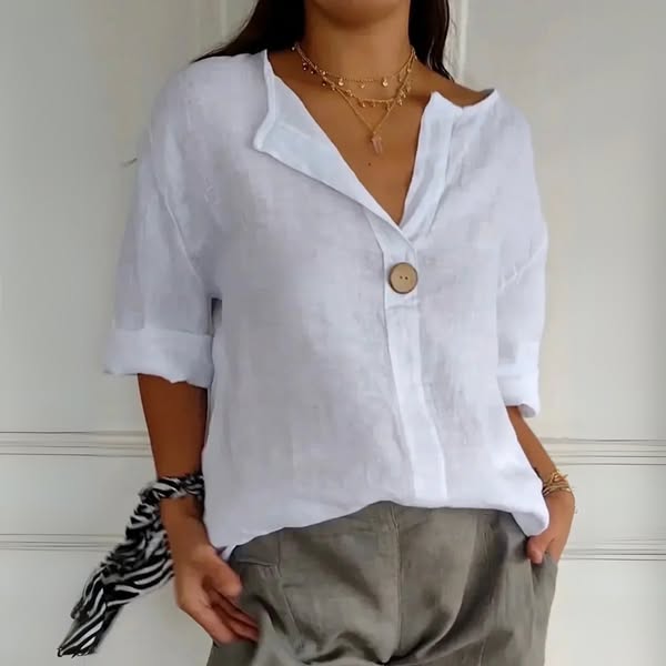 Ninon - Linned Bluse med V-Hals