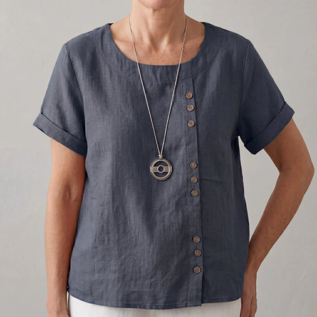 Gayané - Blusa de Lino con Detalles de Botones (Collar de Regalo)