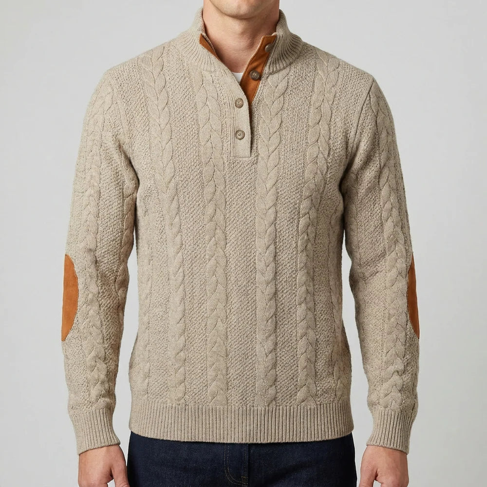 Evan - Pull en Maille Naturelle Robuste Col Montant Boutonné