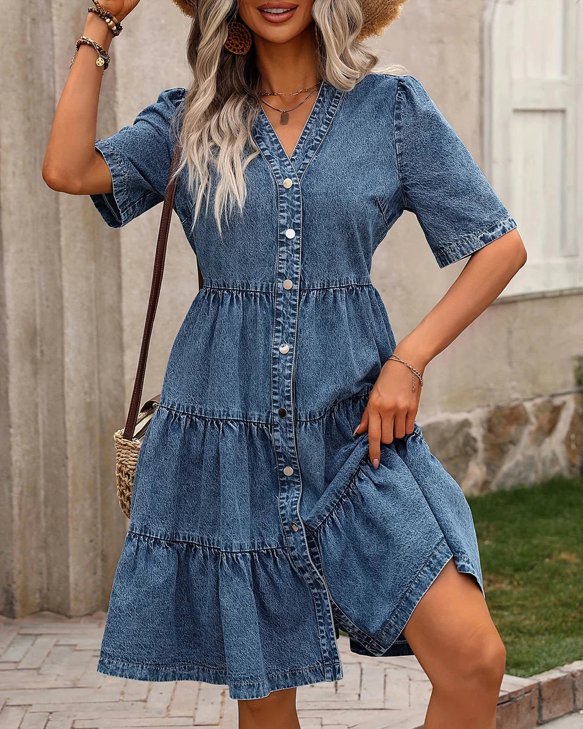 Selina - Rifľové Šaty s Volánmi a Gombíkmi