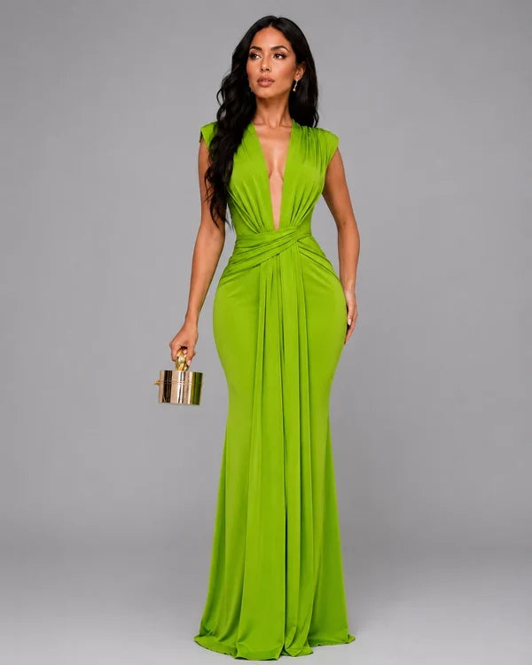 Isolde - Vestido Maxi Chic Fruncido con Escote Pronunciado