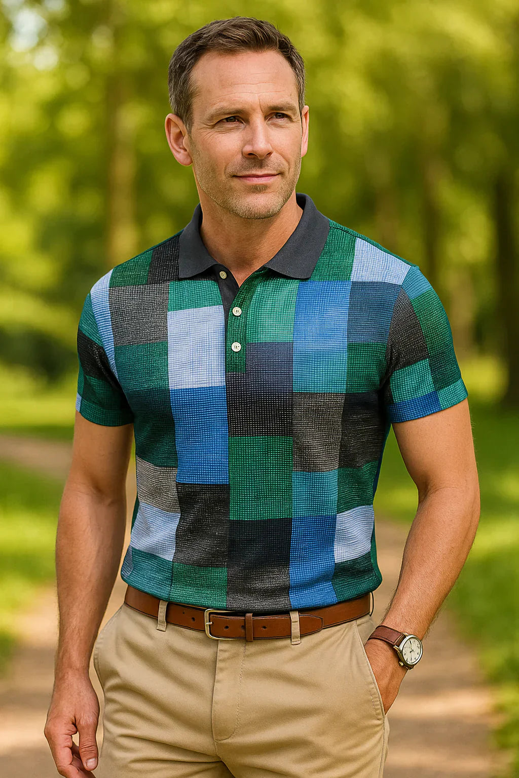 Diogo - Nefes Alabilen Pamuklu Polo, Renkli Kare Desenli