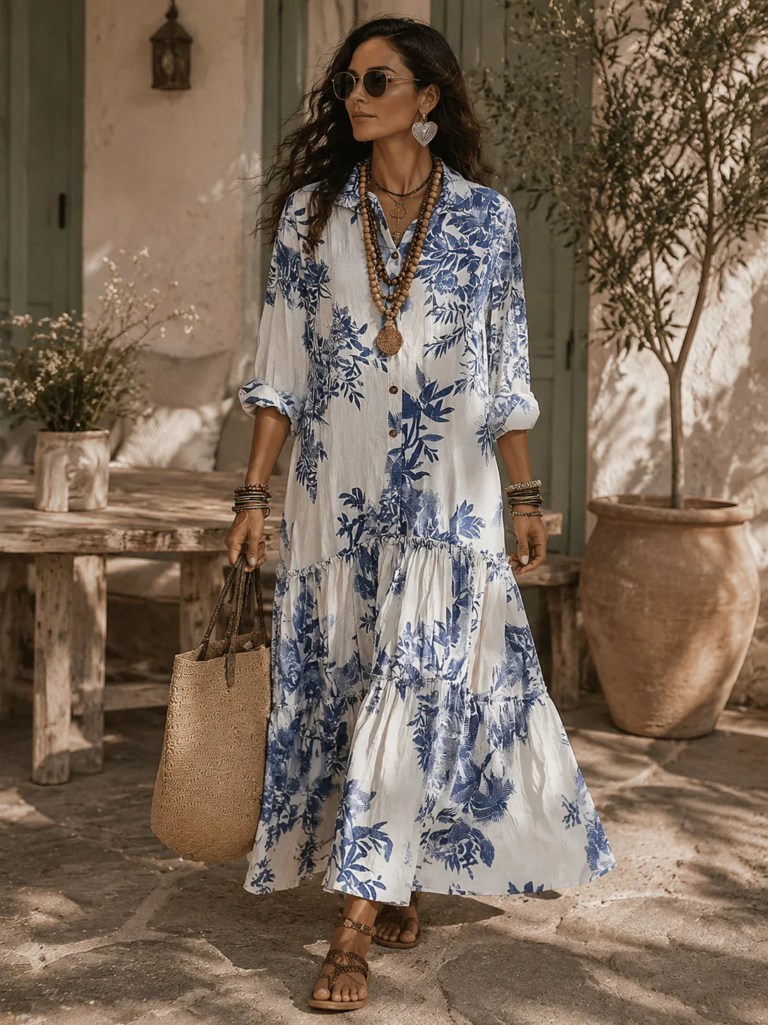 Herina - Vestido Camisero de Algodón y Lino con Hojas y Volantes