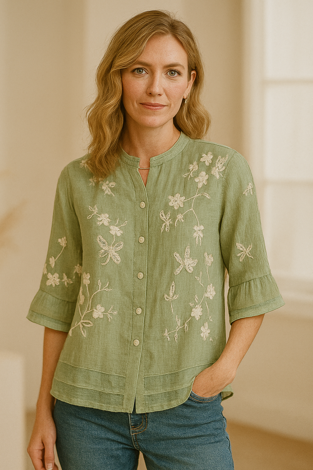 Hedda - Bomuldsbluse med Broderet Tyl