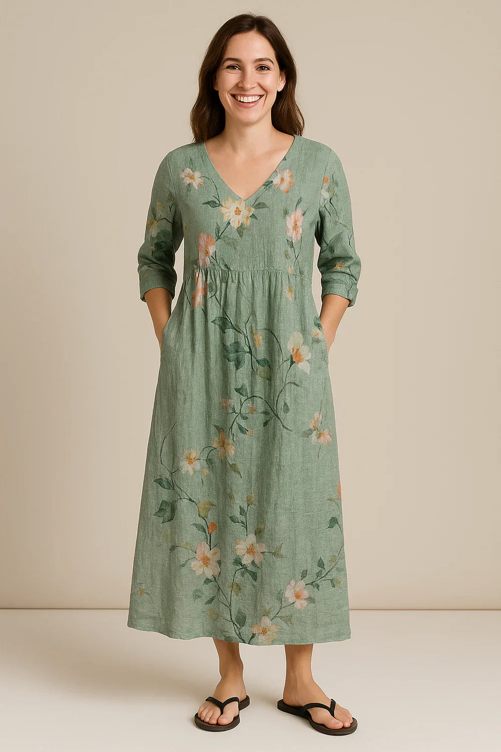 Juline - Elegant Blomstret Kjole i Bomuld & Hør