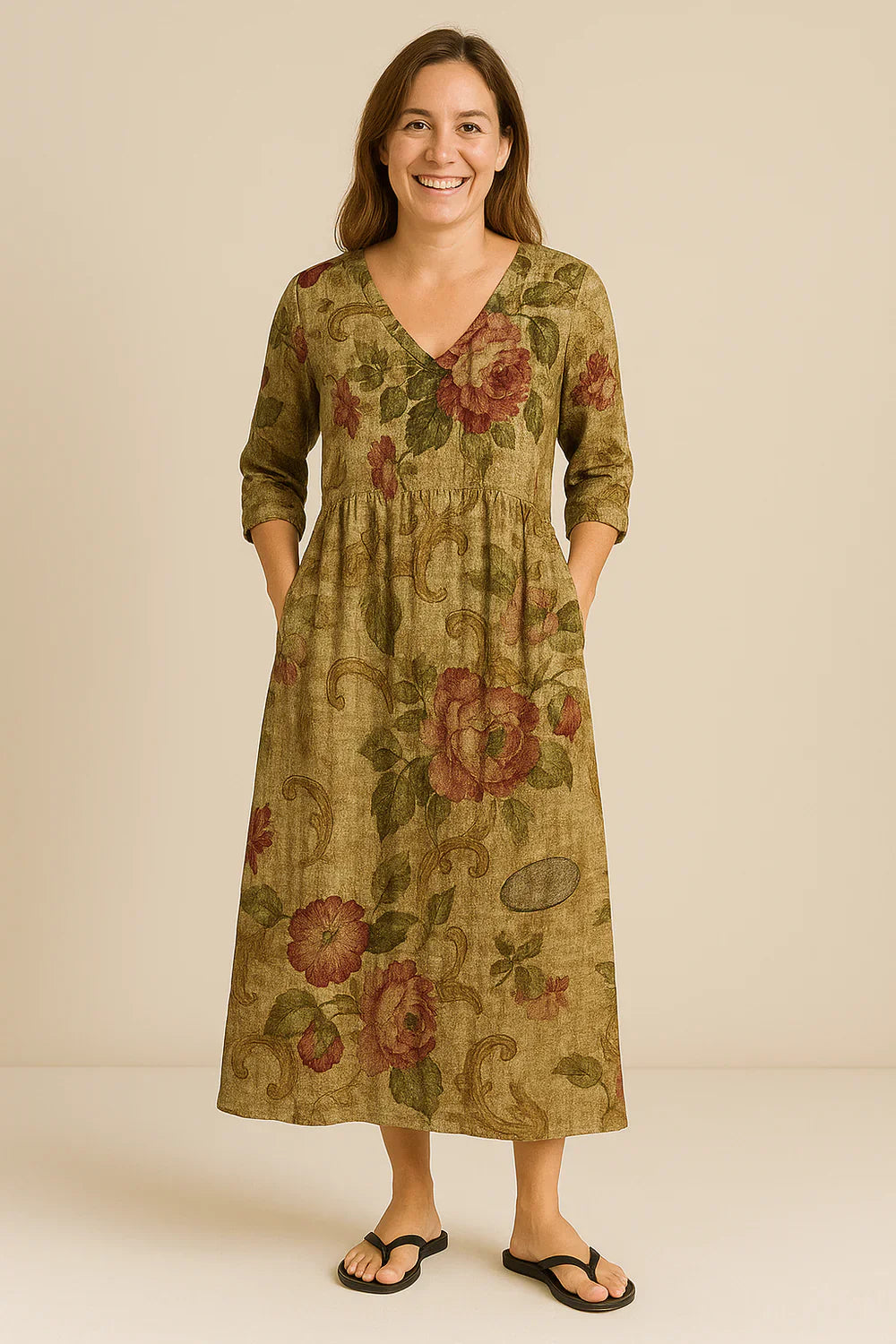 Juline - Elegant Blomstret Kjole i Bomuld & Hør