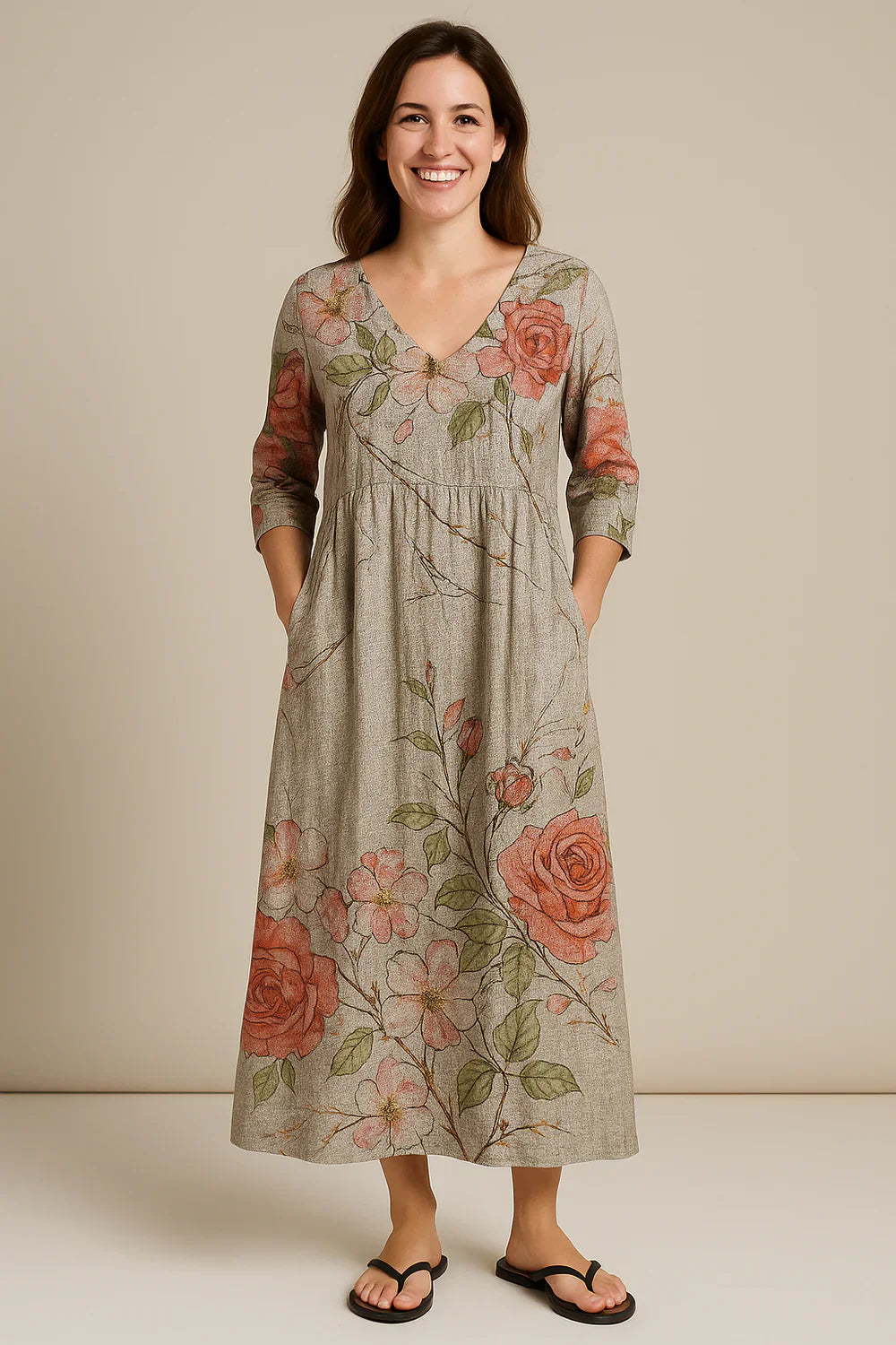 Juline - Elegant Blomstret Kjole i Bomuld & Hør