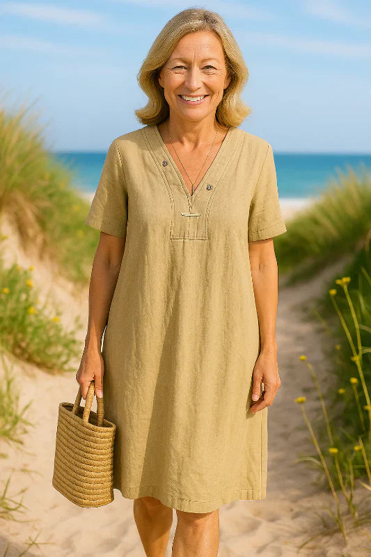 Helena - Elegantné Stredne Dlhé Bavlneno-Lnené Šaty