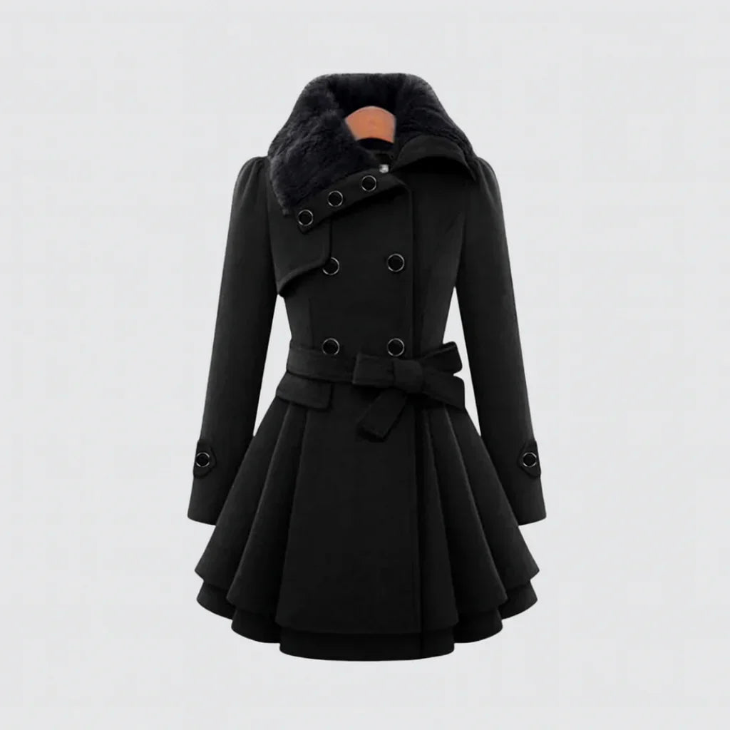 Sofia - Sofistikovaný Kabát S Páskem A Kožešinovým Límcem