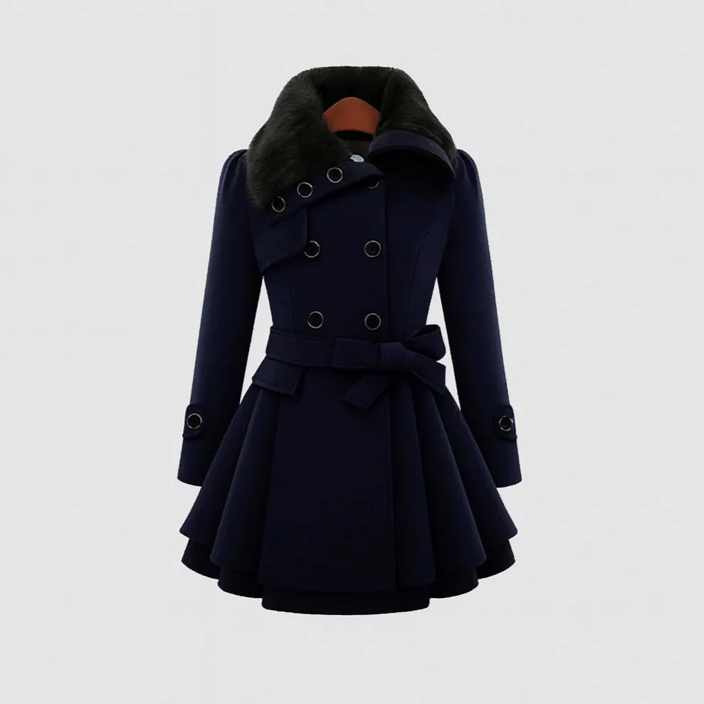 Sofia - Sofistikovaný Kabát S Páskem A Kožešinovým Límcem