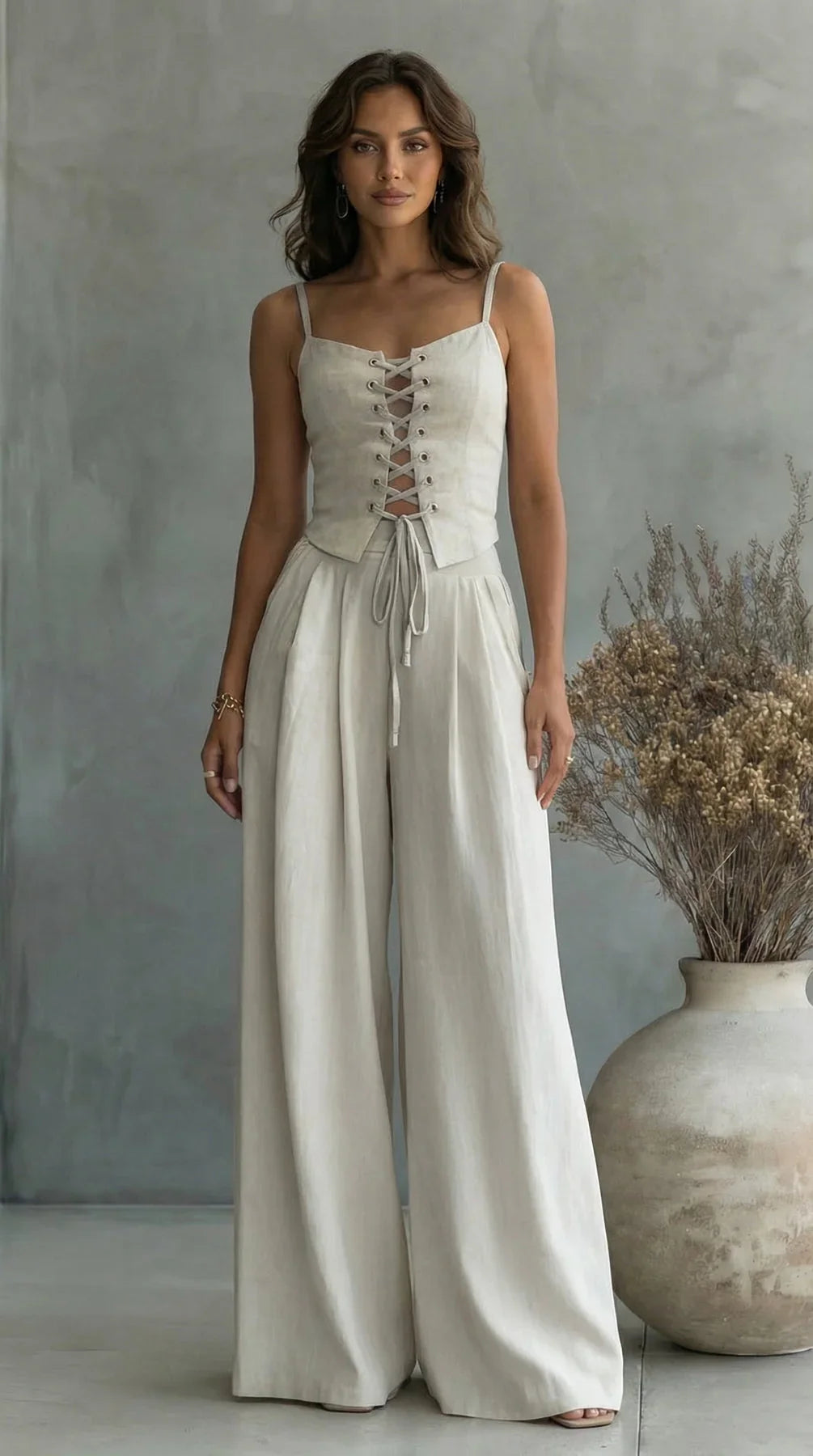 Nahia - Conjunto Top con Cordones y Pantalón Fluido de Lino