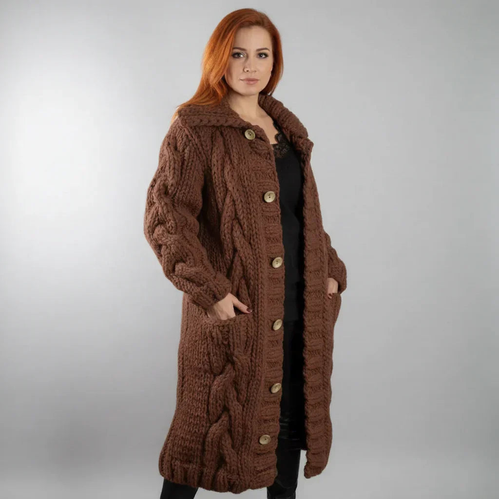 Lola - Manteau Gilet Long Tricot Torsadé Chaud