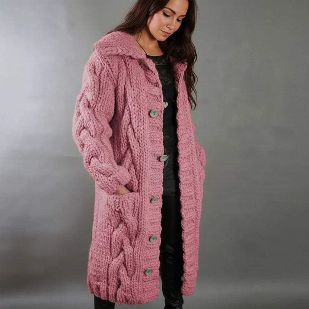 Lola - Manteau Gilet Long Tricot Torsadé Chaud