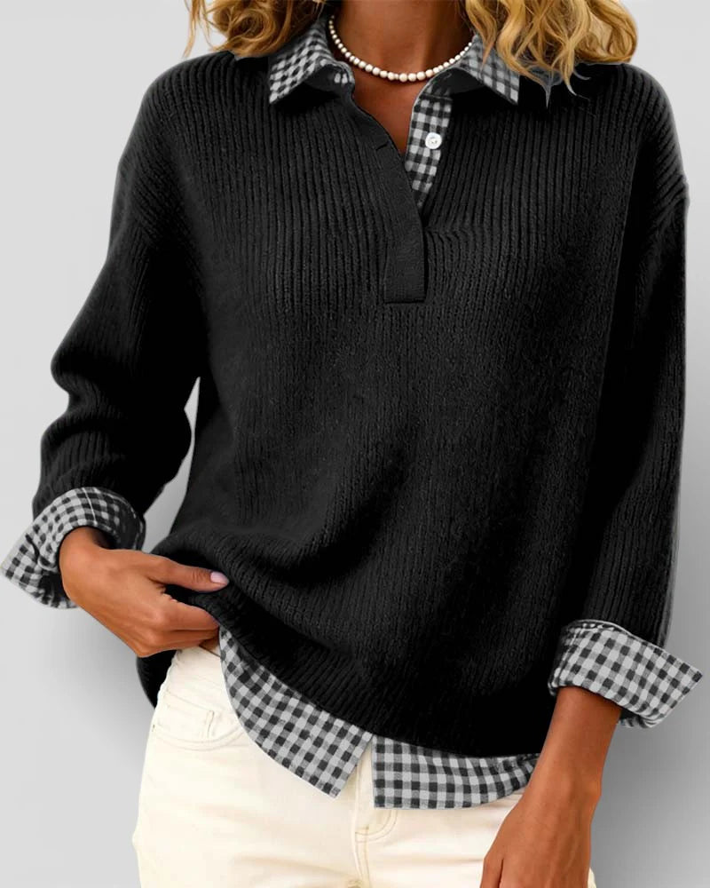 Busra - Pull Mélange Laine Cachemire Détails à Carreaux