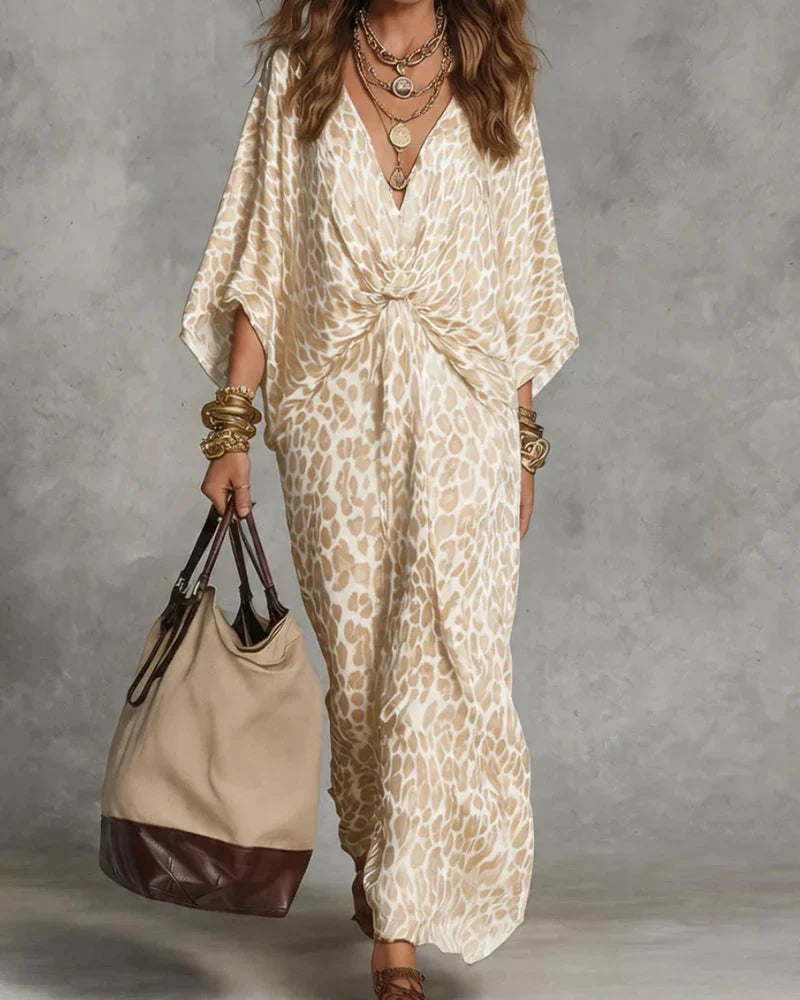 Anoukia - Vestido Maxi Amplio Leopardo con Detalle Retorcido