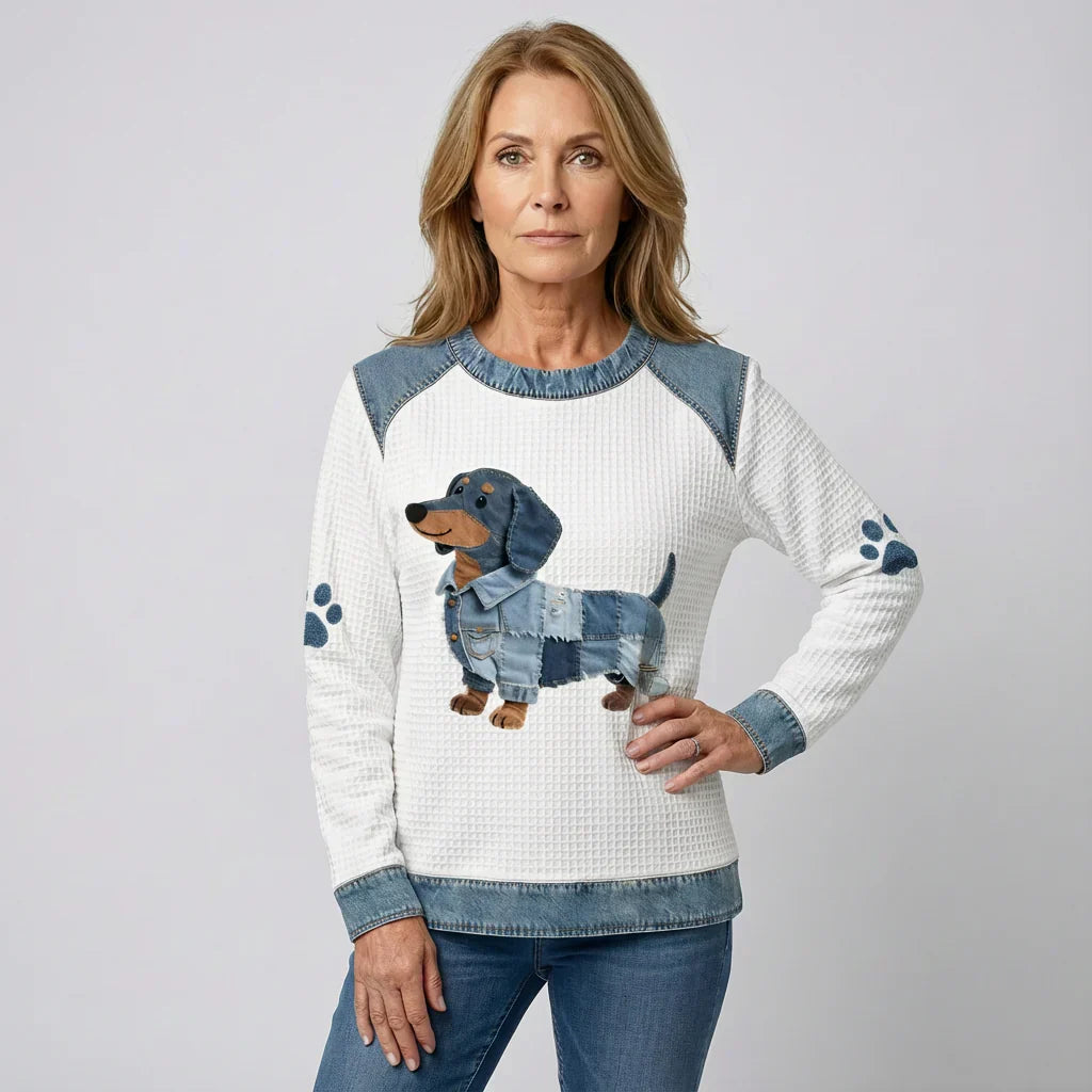 Myla - Pull Coton Teckel en Patchwork Détails en Denim