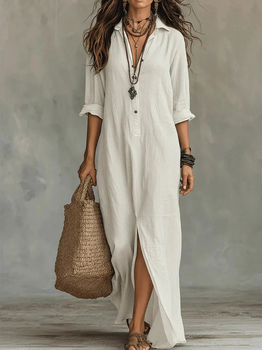 Whitney - Vestido Maxi Camisero con Abertura y Collar