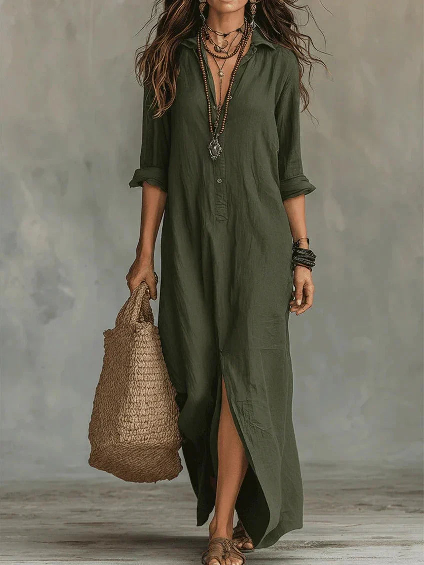 Whitney - Vestido Maxi Camisero con Abertura y Collar