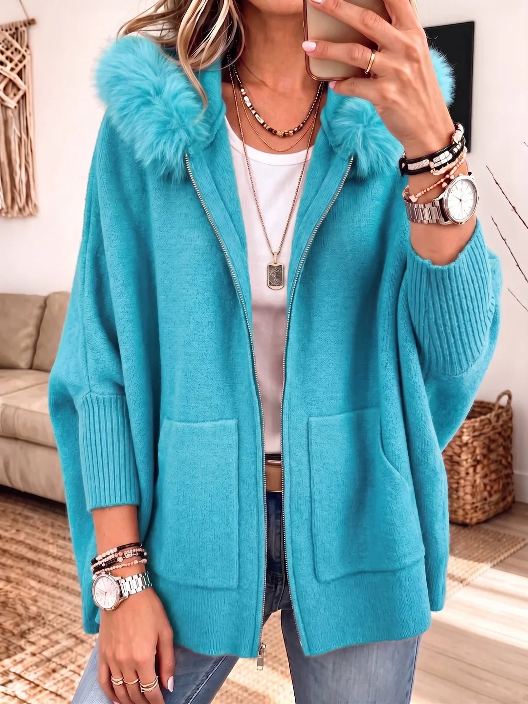 Terrie - Chaqueta de Punto Grueso con Capucha de Piel