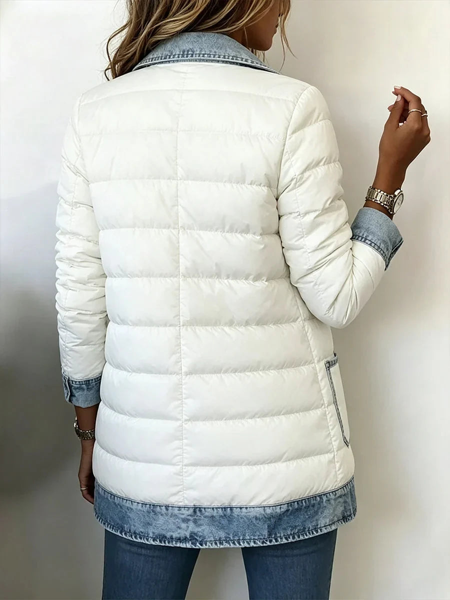 Hana - Denim Detallı Ağ Rəngli Aşağı Doldurulmuş Palto
