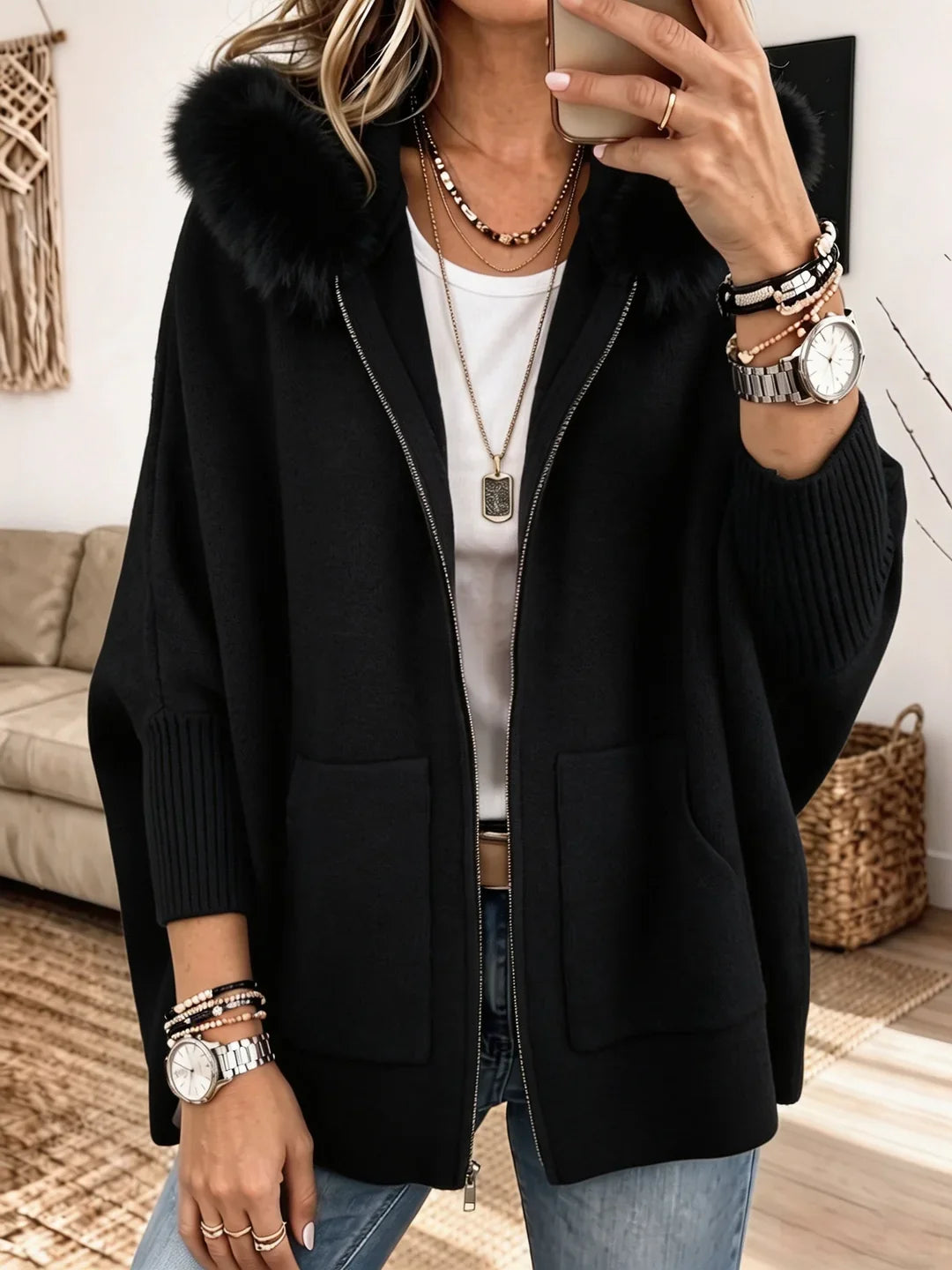 Terrie - Chaqueta de Punto Grueso con Capucha de Piel